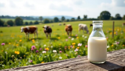 A bottle of fresh white milk on a rustic wooden surface with cows grazing in a vibrant green wildflower field