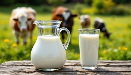 Fresh milk in a glass pitcher and drinking glass on a weathered wooden table Cows graze in a vibrant green meadow