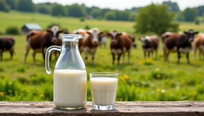 Fresh milk in a glass pitcher and drinking glass on a weathered wooden table Cows graze in a vibrant green meadow