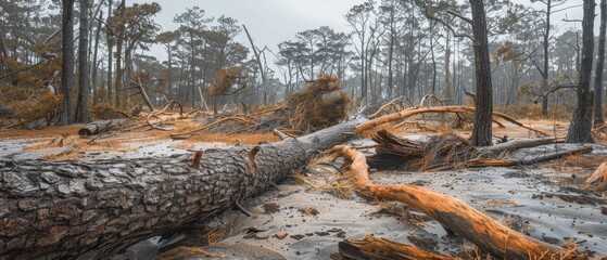 A solemn scene captures the aftermath of a storm with fallen trees obstructing a forest path, showcasing nature's raw power.
