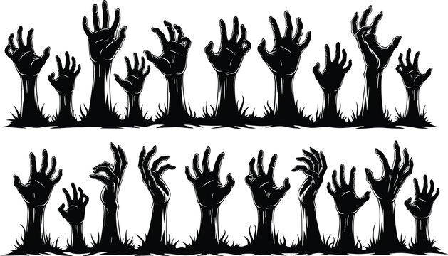 Creepy zombie hands rising from the ground, horror silhouette collection, undead graveyard arms, Halloween graphic design element, spooky reaching limbs clipart