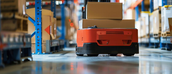 A self-driving warehouse robot loaded with boxes traverses the storage facility floor, illustrating autonomous solutions in material handling.