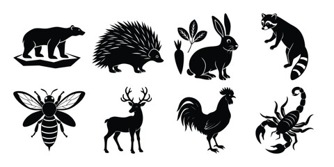 Fototapeta premium A collection of black silhouette forest animals isolated on white background