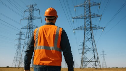 Energy Engineer Inspecting Power Lines: An energy engineer in an orange safety vest and helmet stands facing away, observing a series of tall electricity pylons under a clear blue sky.