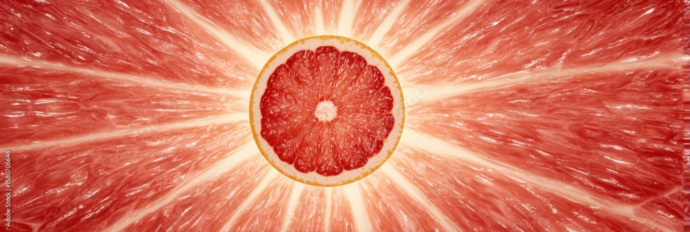 Poster grapefruit slice radiates vibrant colors creating an abstract sunburst with an inviting open center