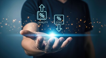 A businessman presents a concept of improving quality and reducing cost, with glowing icons showing upward percentage for quality and downward percentage for cost