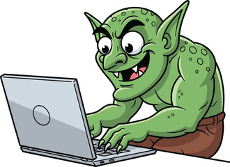 Funny cartoon goblin using laptop, internet troll character, green monster on computer, digital mischief illustration, fantasy creature typing keyboard, humorous tech goblin art © Shahadot Creatives