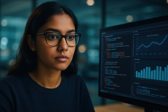 Focused programmer analyzing data.