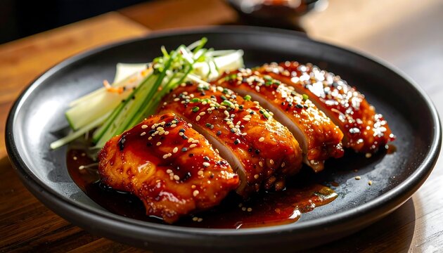 Deliciously Grilled Chicken Thighs Glazed with Sweet Soy Sauce and Garnished with Fresh Vegetables