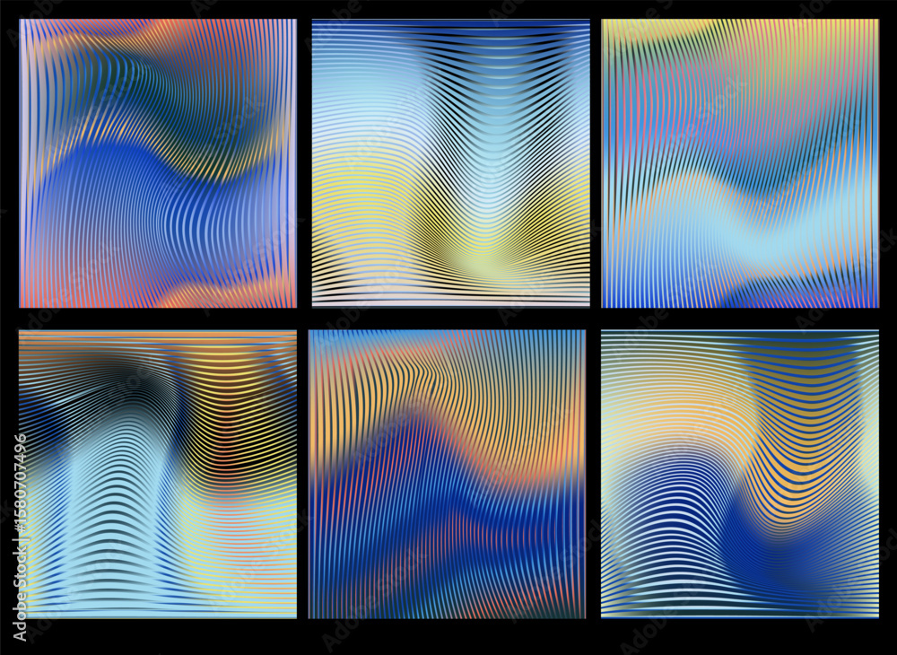 Poster vector illustration in modern op-art style with wavy, thin lines and soft gradients. theme: fluidity