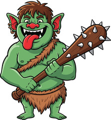 Funny cartoon troll with spiked club, green monster character with big ears, smiling tongue out, fantasy creature illustration for games, comics, kids design, Halloween