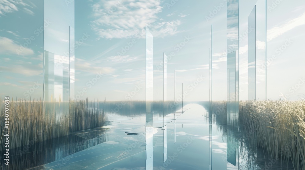 Poster ethereal geometric formations of marshes that blur the lines between reality and abstraction.
