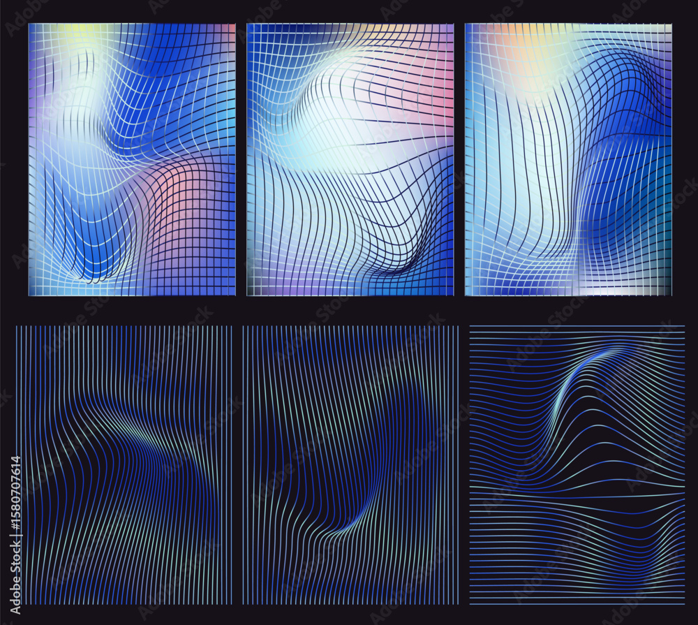 Poster vector illustration in modern op-art style with wavy, thin lines and soft gradients. theme: fluidity