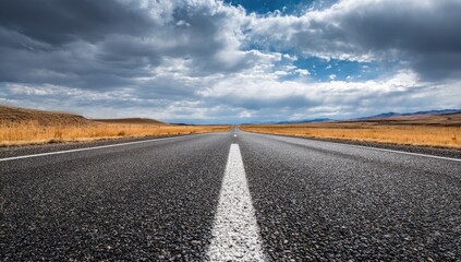 Fototapeta premium Empty asphalt road stretches into a vast, open landscape beneath a dramatic sky