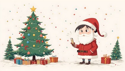 Cute kid in santa costume taking selfie near christmas tree with gifts in festive cartoon winter scene copy space
