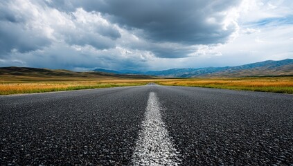 Naklejka premium Asphalt road stretches into a vast landscape under a dramatic sky