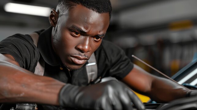 Focused African American mechanic intensely repairs a car engine with precision in a well-lit garage for optimal performance and customer satisfaction.
