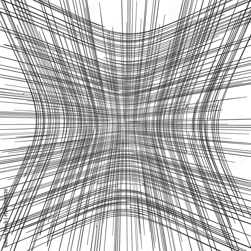 Poster warped orthographic wireframe. dense converging lines. contorted spatial vector. kinetic mesh illusi