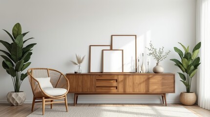 cozy living room interior rattan armchair wooden cabinet with white mock up frames