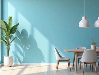 modern interior design of apartment empty living room with blank blue wall dining room with table