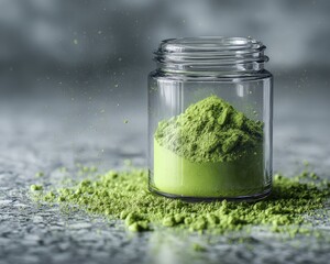 Bright green matcha powder spills from a glass jar onto a gray surface.