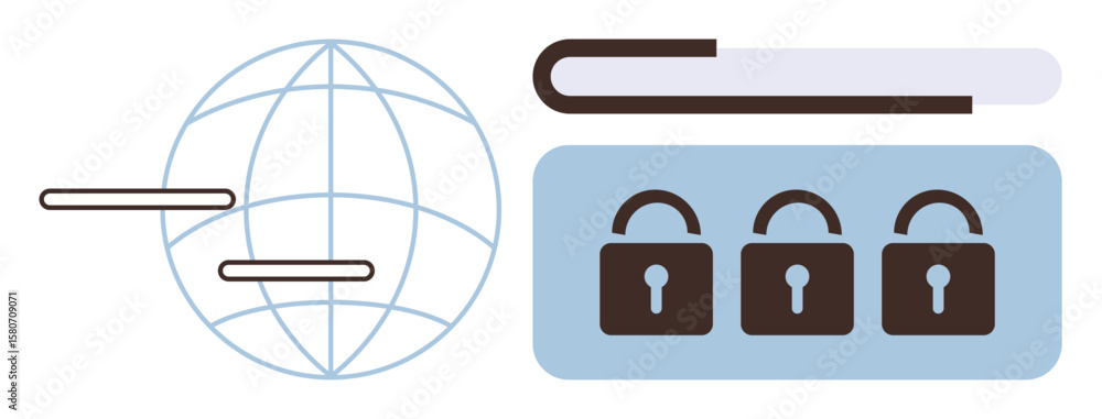 Poster globe representing global connection alongside three padlocks symbolizing data protection, security,