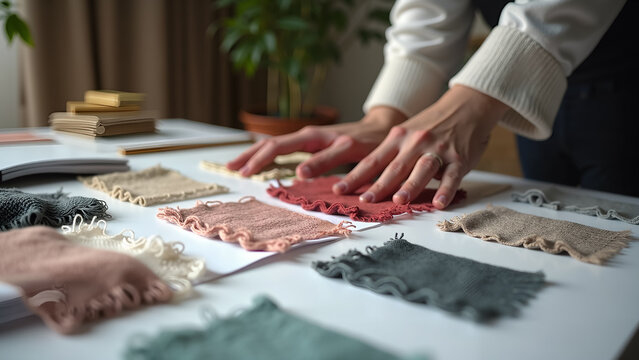 A designer examines fabric swatches on a white table, thoughtfully selecting textures and colors for a new fashion or interior design project