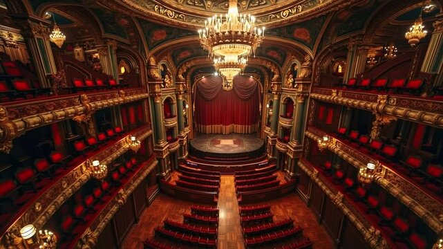 A view of an empty theater with red seats and a chandelier