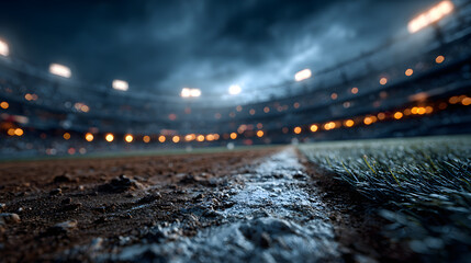 Blurred baseball field atmosphere with glowing lights and thrilling sports energy in the air