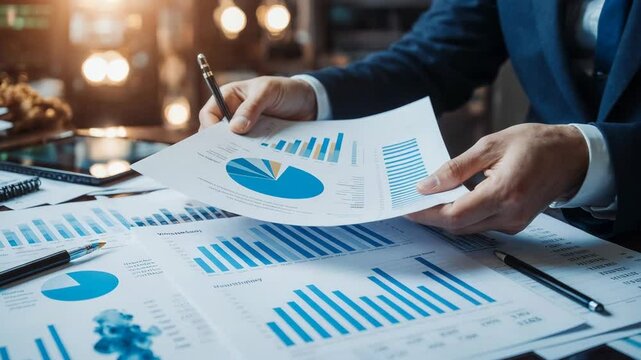 Businessman analyzing financial charts and graphs with a pen in hand - Powered by Adobe