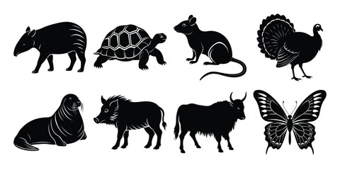 Silhouettes of various animals including a tapir, turtle, and butterfly