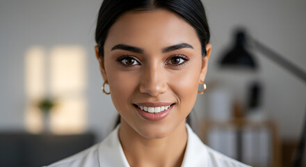 Fototapeta premium A friendly young woman with brown eyes and brunette hair, wearing a white collared shirt and gold hoop earrings, confidently smiling directly at the camera in a modern office setting.