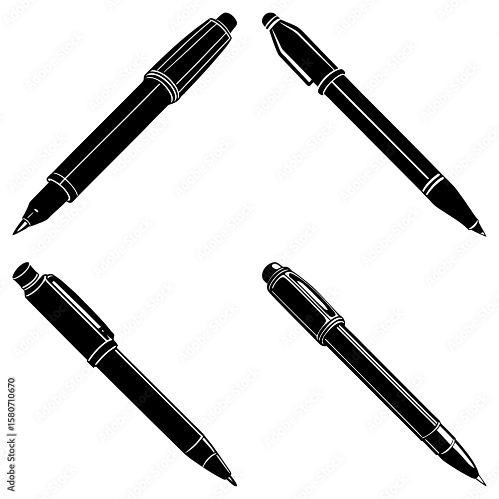 Aufkleber four black pens arranged in a square formation on a white background creating a simple composition
