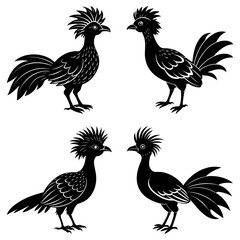 Four stylized roadrunners depicted in black silhouette on a white background in a symmetrical arrangement