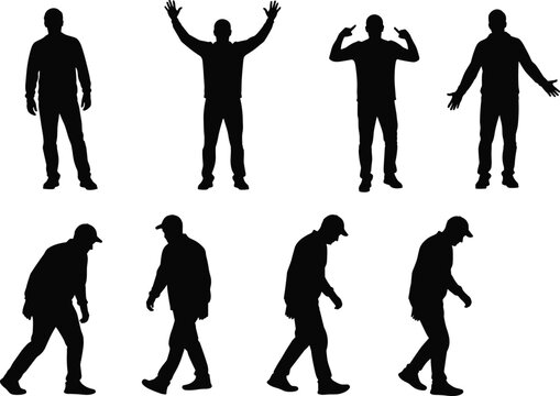 Silhouette of man walking and standing, black shadow figure collection, male person in motion, body posture set, casual pose clipart, walking pose vector