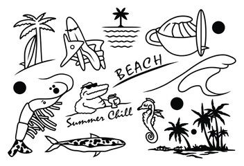 Set summer surf tattoo for grunge punk y2k collage design. elements. brutalist vintage illustration music poster.