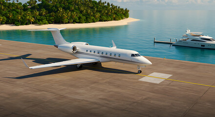 Luxurious white private jet on an airstrip next to a tropical island with a yacht moored in turquoise waters, symbolizing luxury travel and exclusivity. 