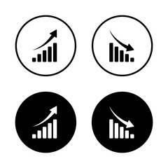 Growth and decline bar chart icon. Upward and downward arrow graph symbol. Business up and down trend concept in black circle