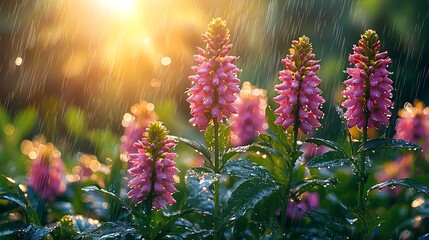 Obraz premium Raindrops Enhance the Natural Beauty of Blooming Flowers at Sunrise