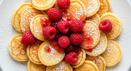 Close up of mini pancakes topped with raspberries and powdered sugar on plate
