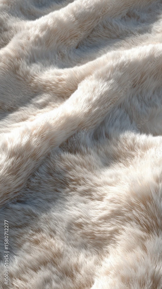 Poster soft, wavy beige fur texture with natural light highlighting the fluffy strands and gentle shadows c