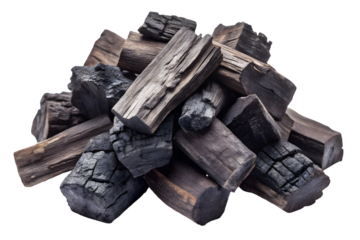 Natural wood charcoal isolated on transparent surface PNG transparent background