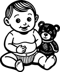Fototapeta premium Happy baby sitting with teddy bear in simple line art style
