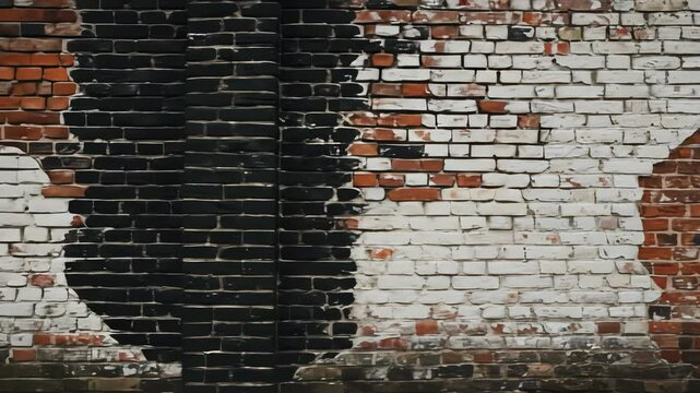 Textured brick wall featuring peeling white and black paint, revealing distressed red bricks for an aged, urban, and grunge background.