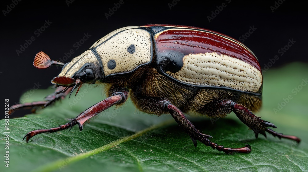 Poster macro view of goliath beetle resting on a green leaf in detailed nature setting