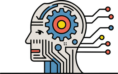 Stylized human head with internal gear and circuit board connections representing artificial intelligence