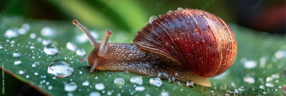 Poster giant african snail resting on a wet leaf, detailed macro view of its shell and surrounding droplets