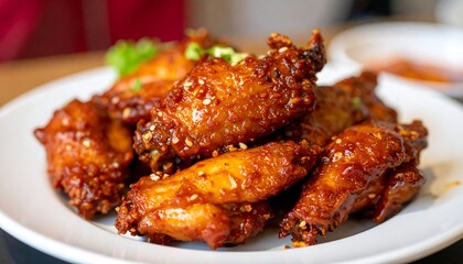 Spicy Glazed Chicken Wings Served on a White Plate with Fresh Herbs Garnish in the Background