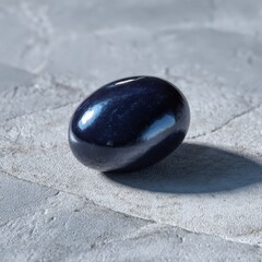 Dark blue, glossy oval object on a textured surface.