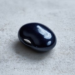 Single dark-blue bean on a gray surface. Sleek, shiny, and smooth.